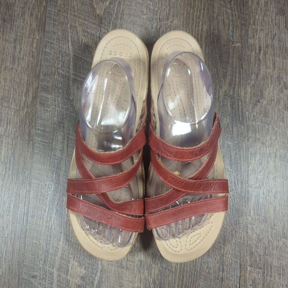 Crocs A-Leigh Red Leather Cork Wedge Women's Size 11 Sandals Comfort Shoes - Picture 5 of 14